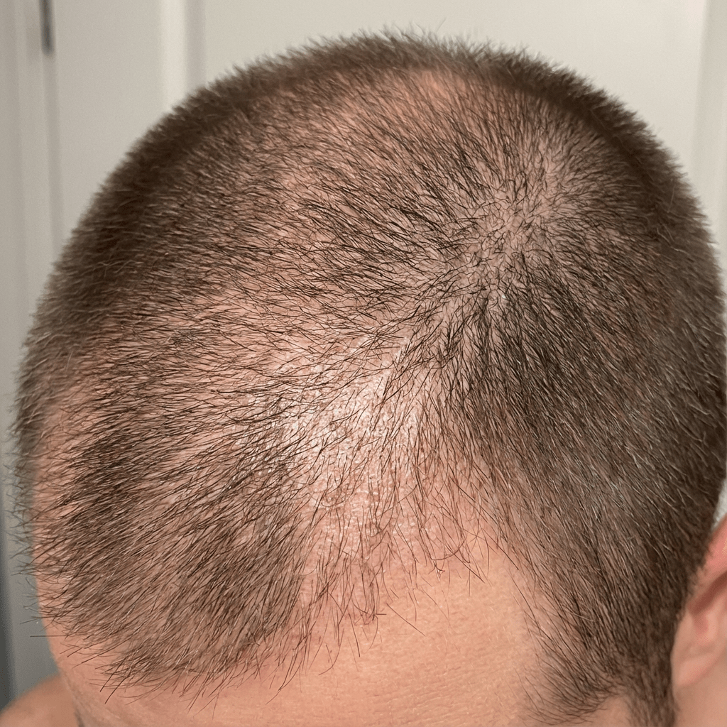 Close-up of a man's partially bald head with short hair.