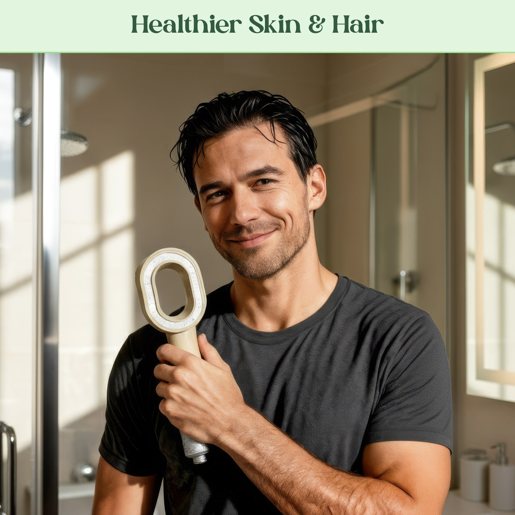 Man in a bathroom holding a shower head, text 'Healthier Skin & Hair.'