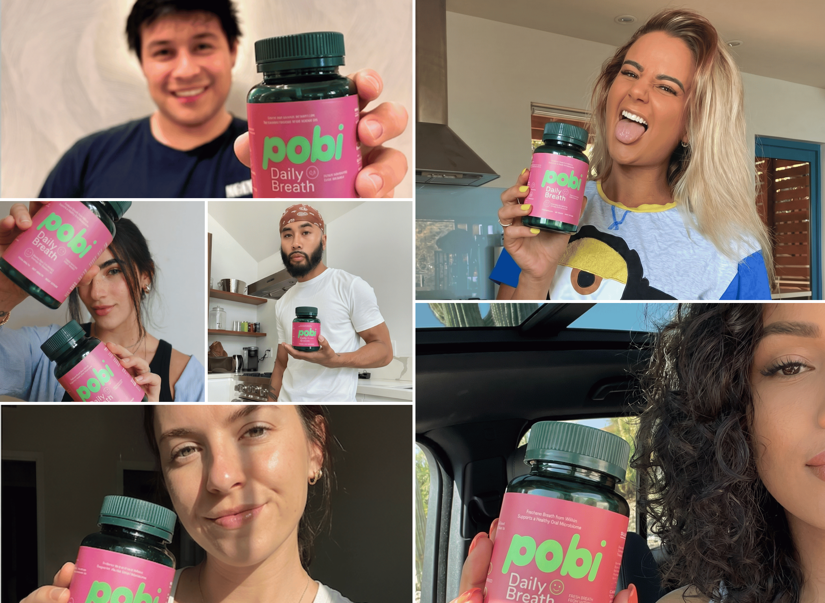 A collage of six photos showing different people holding a bottle of Pobi Daily Breath supplements.
