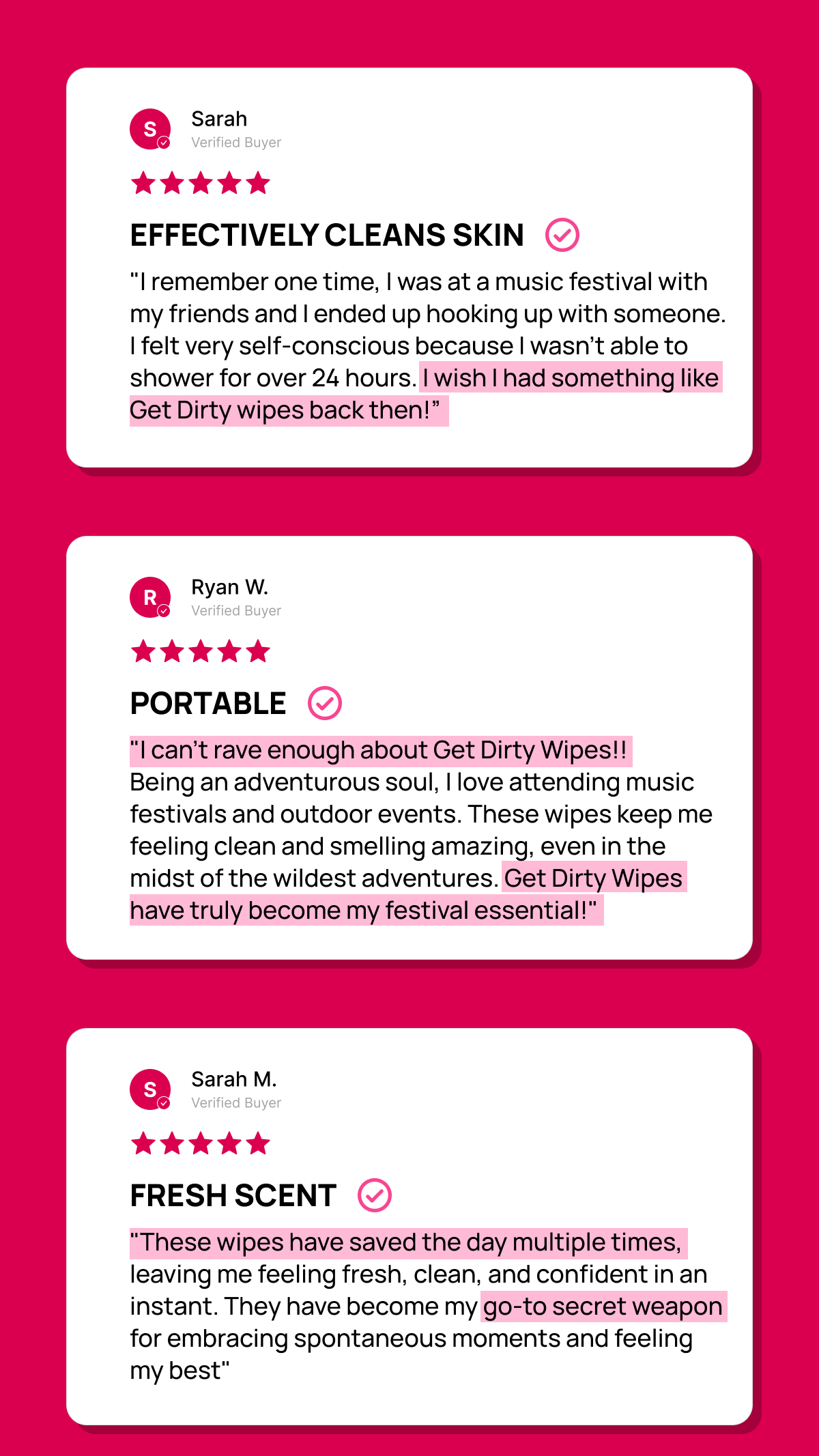 Three customer reviews praising Get Dirty Wipes for effectiveness, portability, and fresh scent.