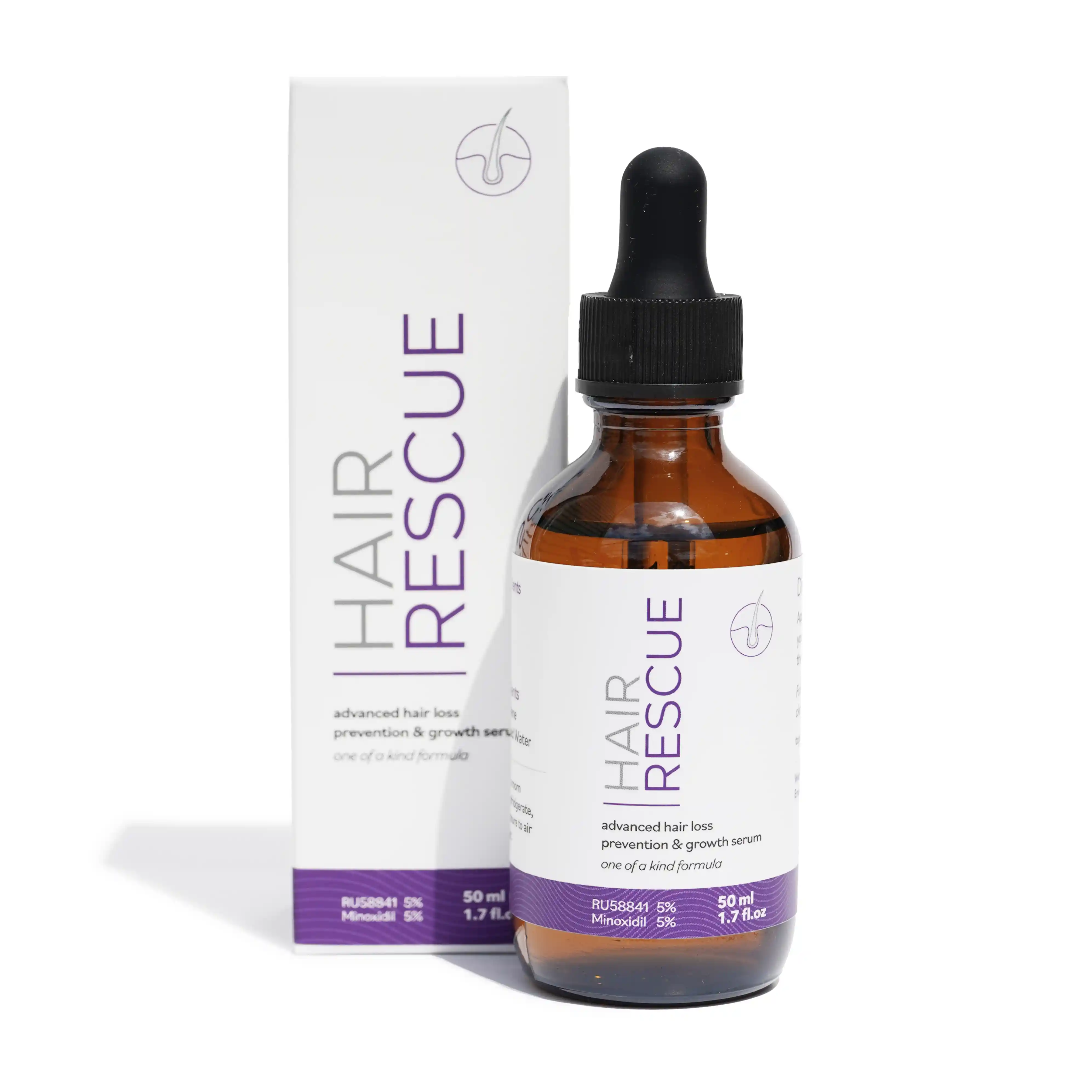 Hair Rescue serum bottle and box with dropper cap.
