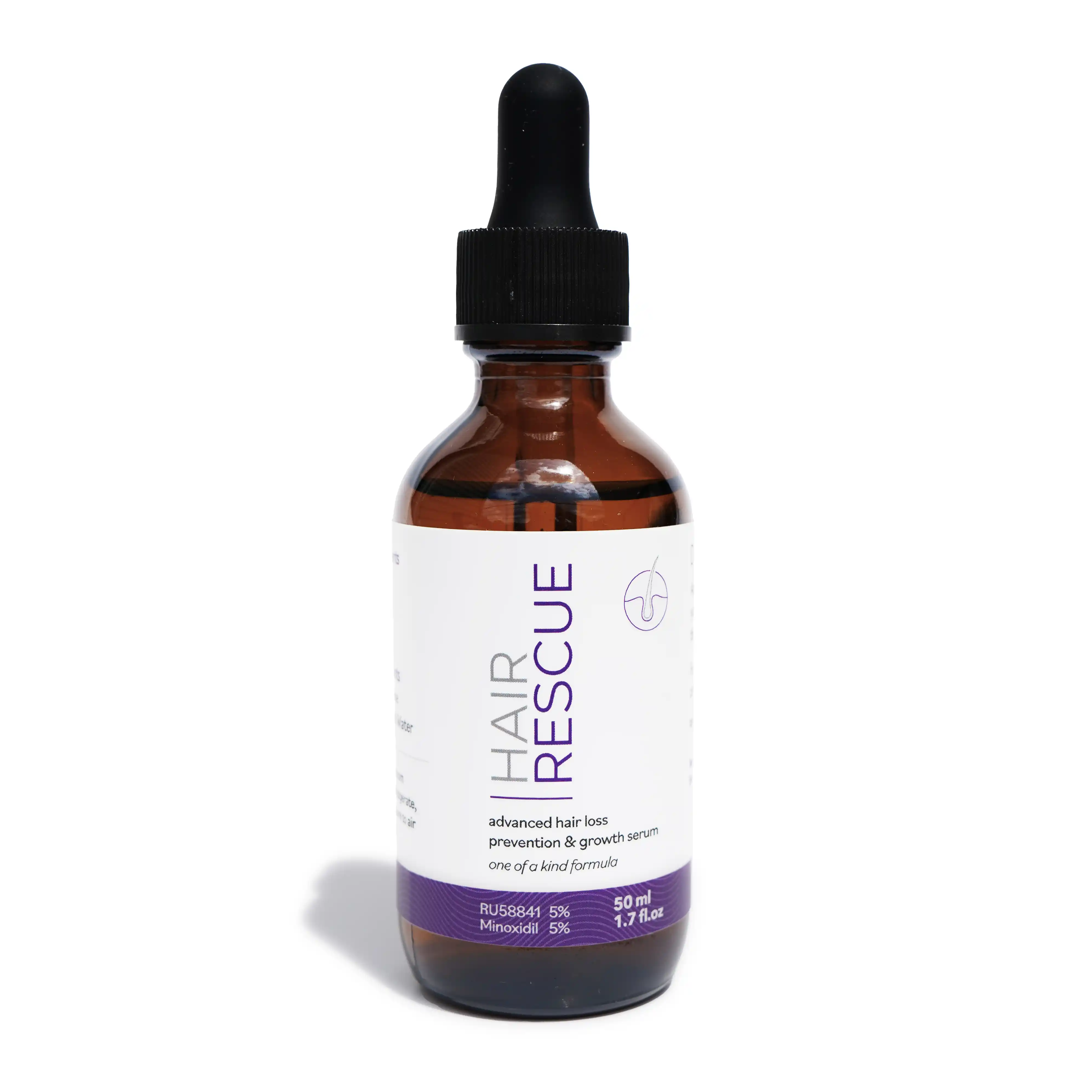 Brown bottle of 'Hair Rescue' serum with a dropper cap.