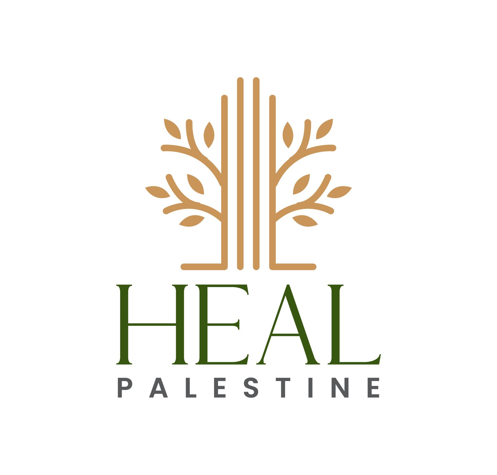 The logo for Heal Palestine, featuring a stylized tree graphic above the name.
