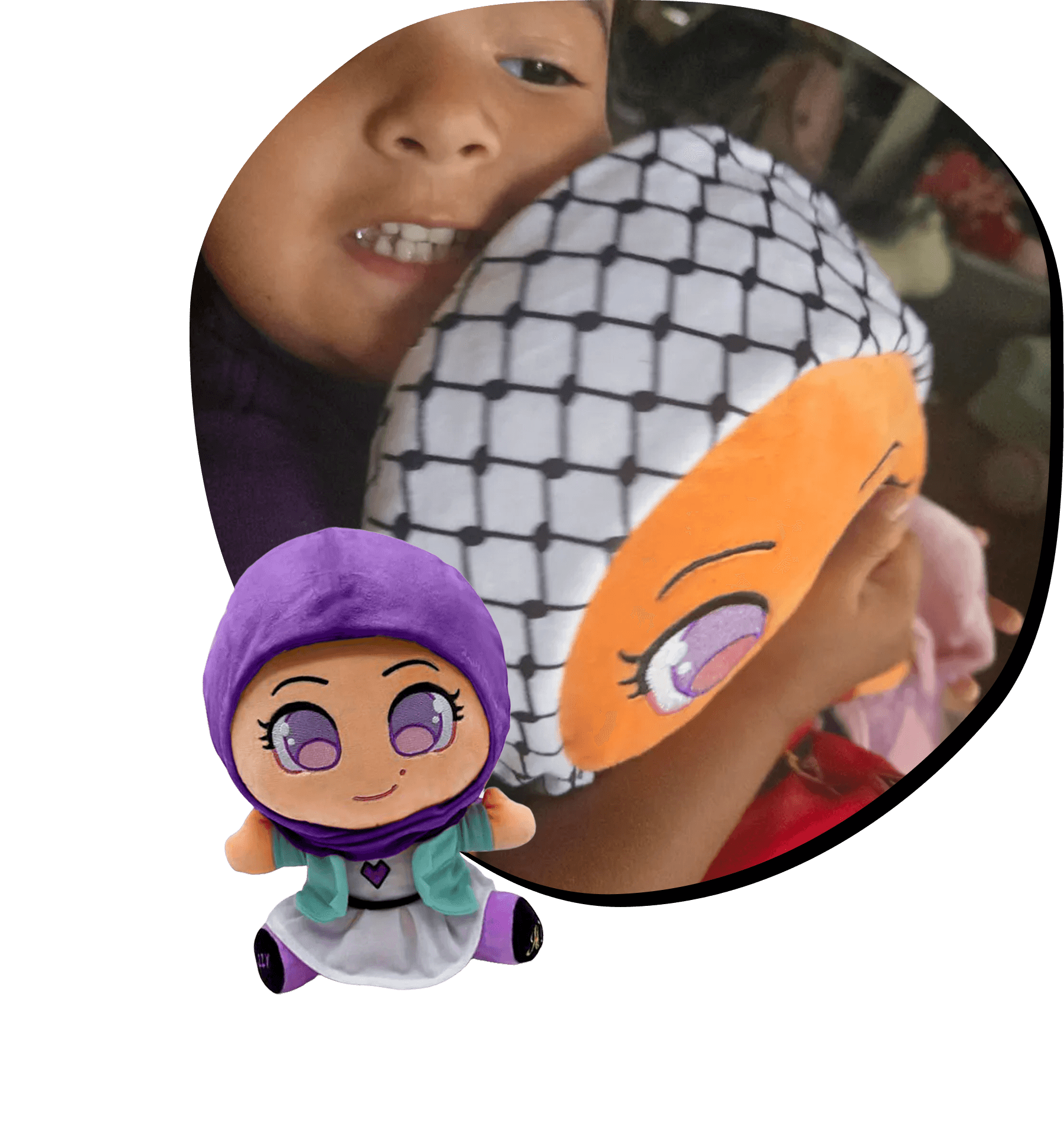 Child holding a plush toy with a cartoon character wearing a purple hijab.