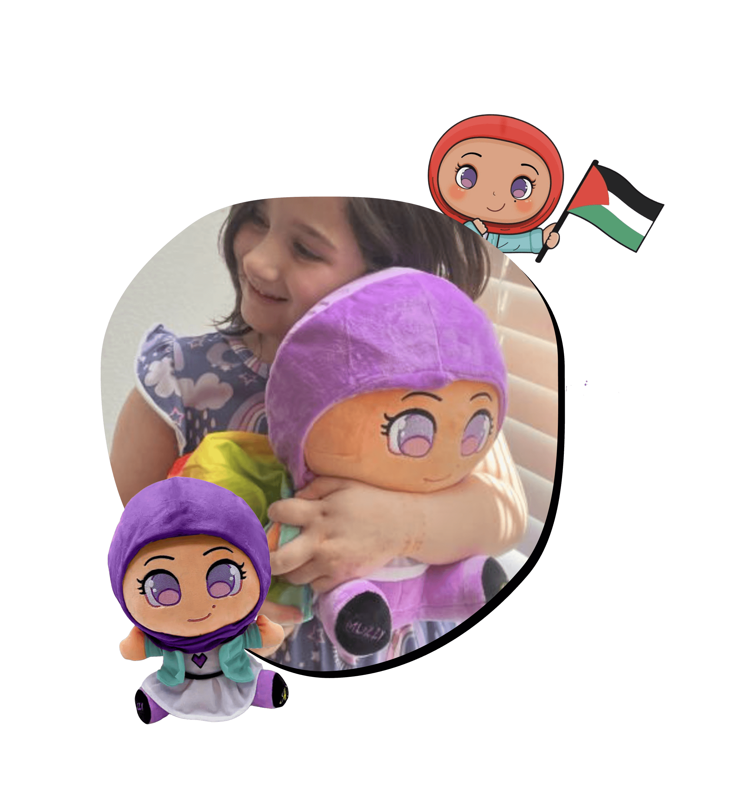 Child holding a plush toy with a cartoon character and flag illustration.