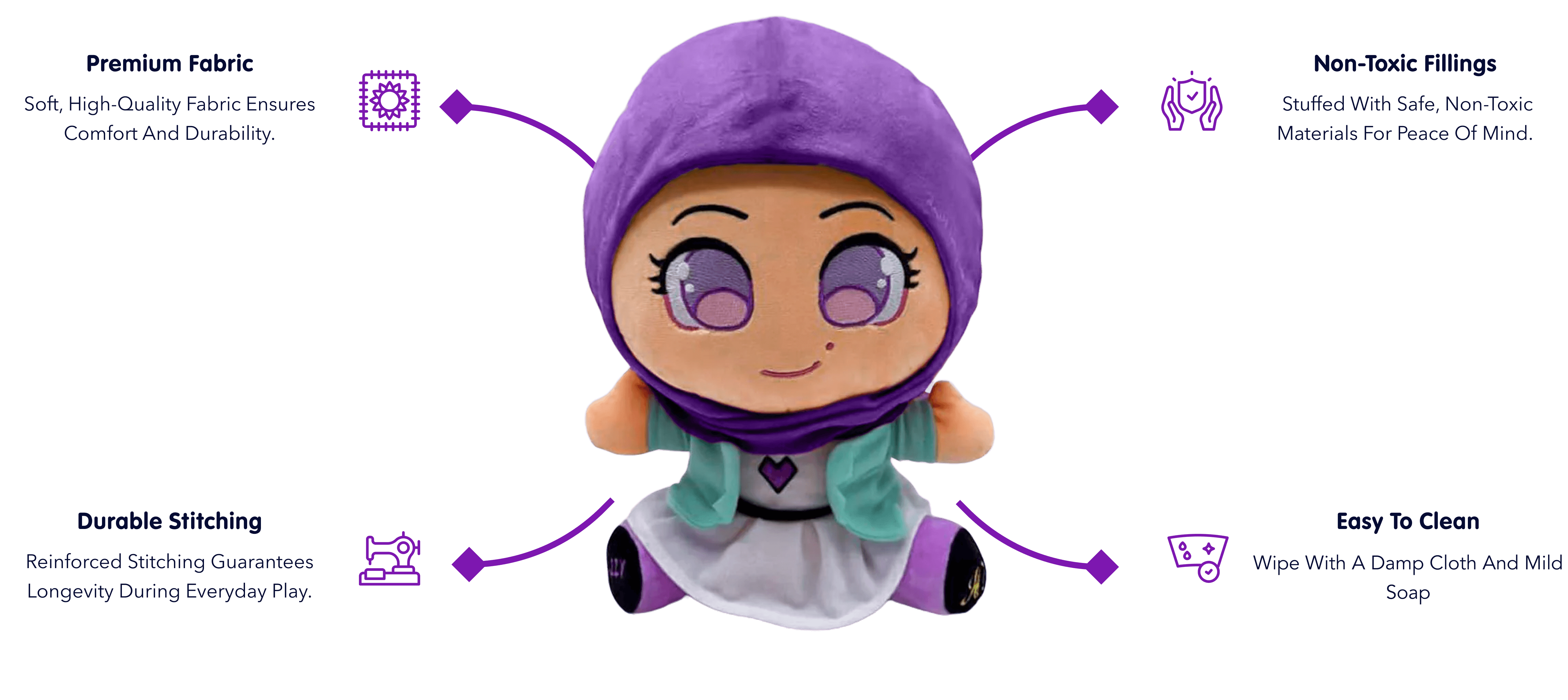 Plush doll with purple headscarf, surrounded by text about fabric quality and care instructions.
