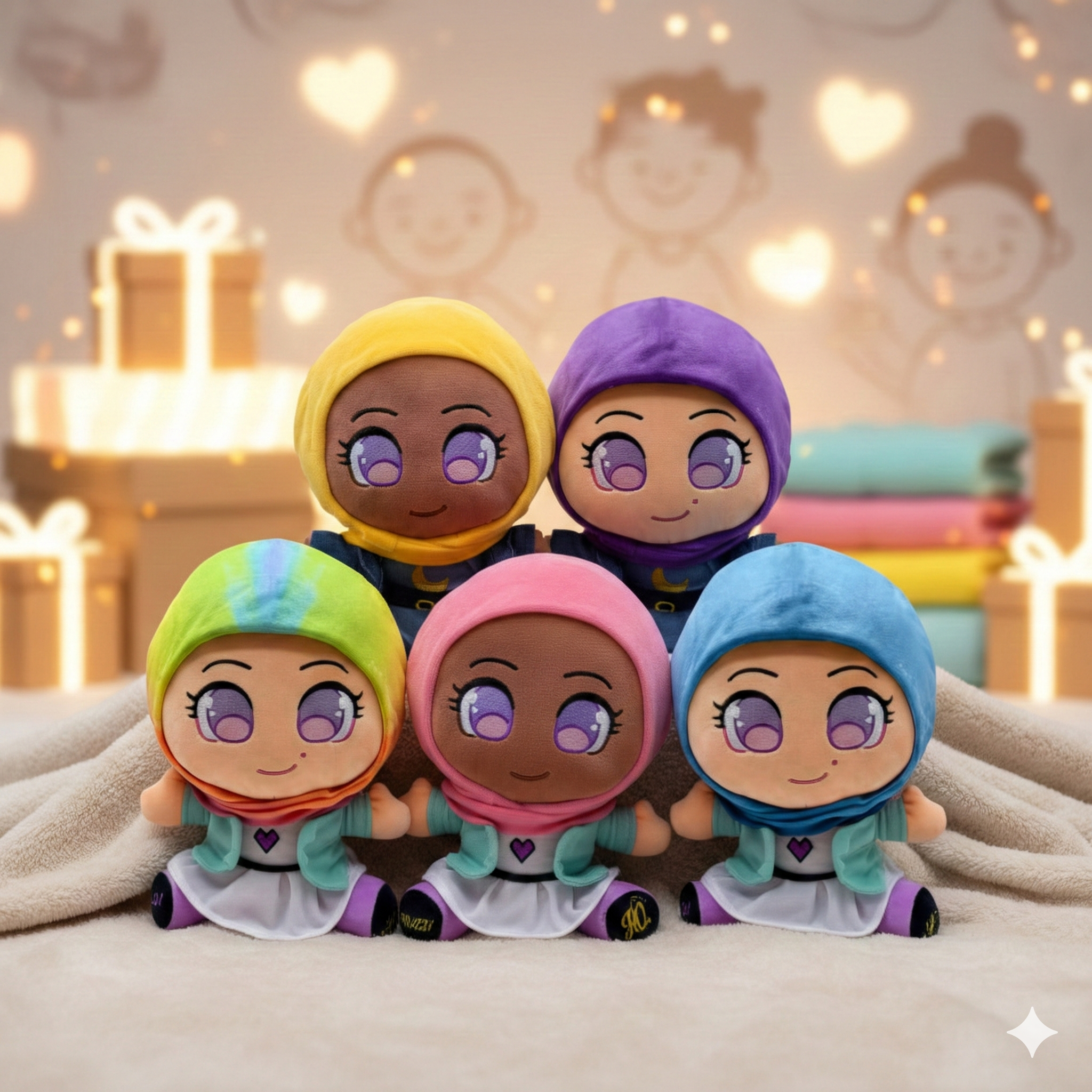 Five plush dolls with large purple eyes, wearing colorful hijabs, sit together on a soft surface.