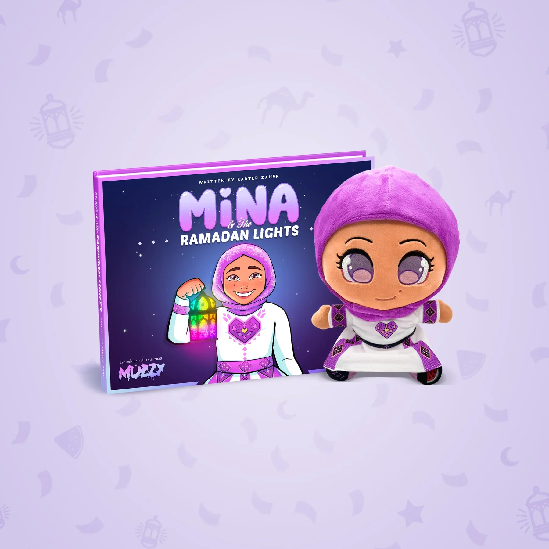 The children's book 'Mina & The Ramadan Lights' next to a matching plush doll of the character.