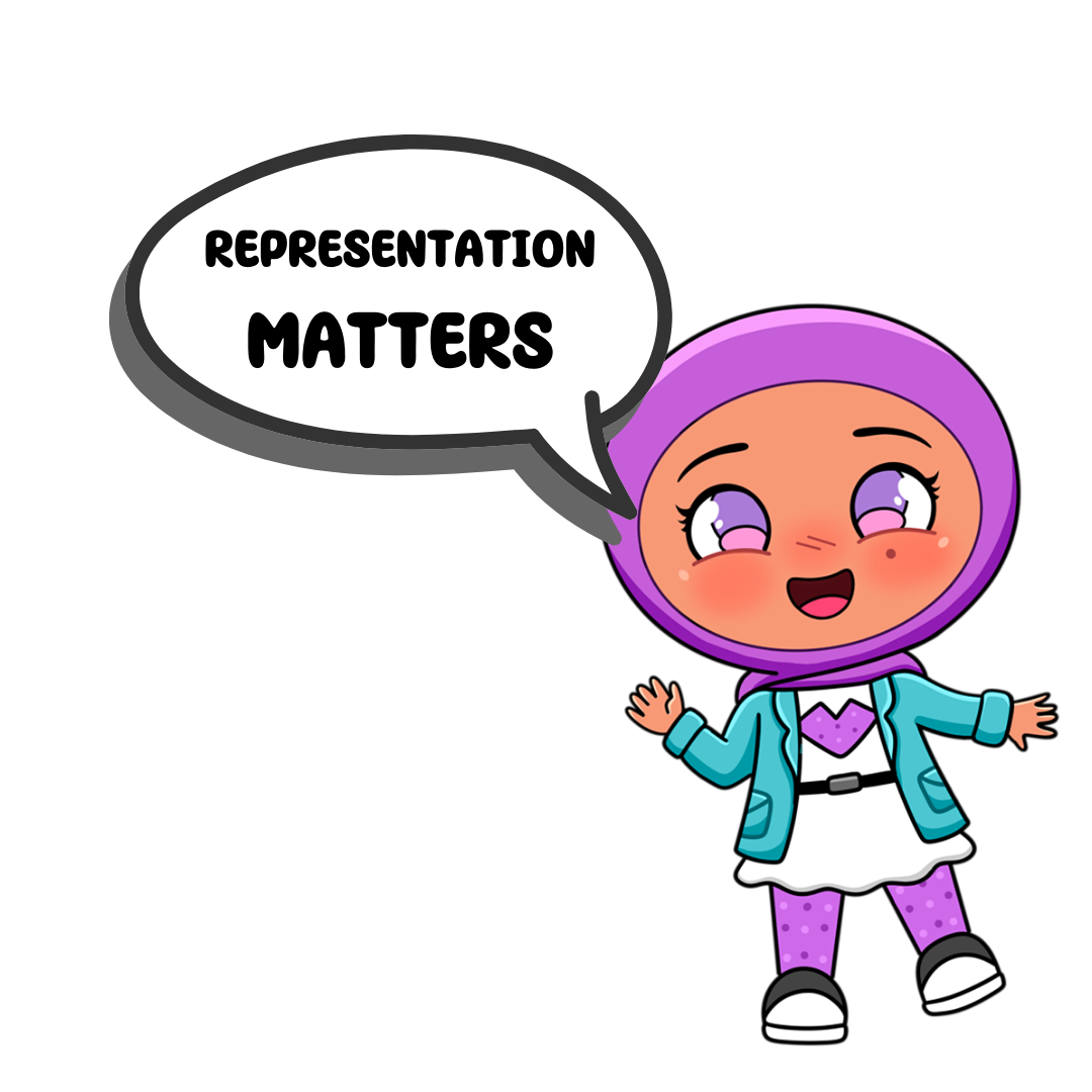 Cartoon character in a hijab saying 'Representation Matters.'