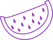 Purple line drawing of a watermelon slice with seeds.
