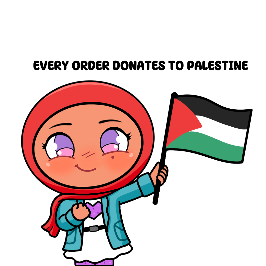 Cartoon character holding Palestinian flag with text 'Every order donates to Palestine.'