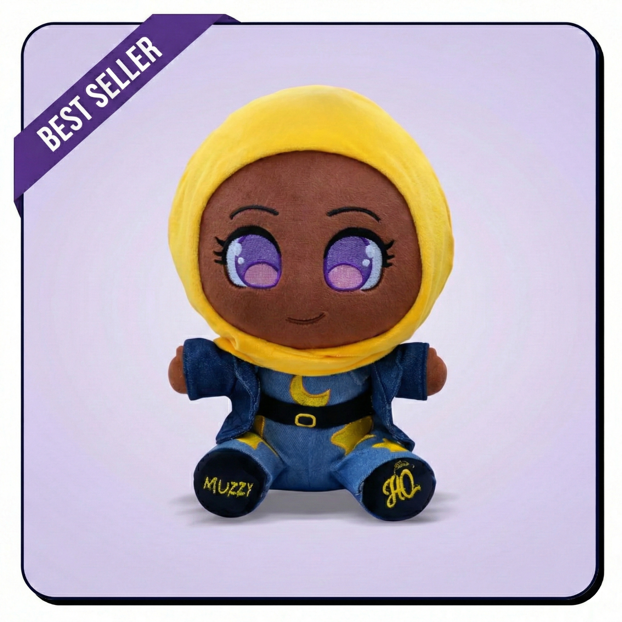 A plush doll with large purple eyes, a yellow hijab, and a blue celestial-themed outfit.