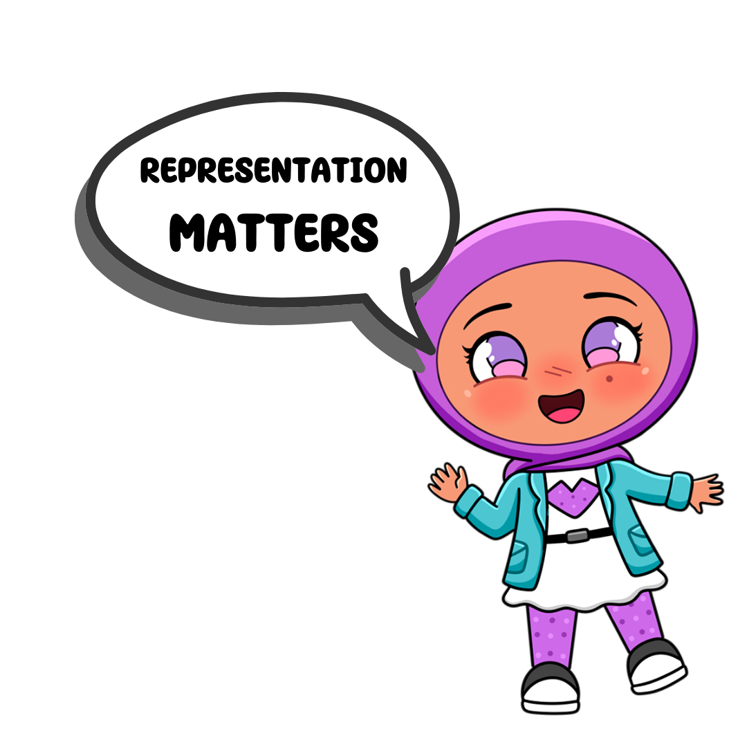 Cartoon girl with a speech bubble saying 'Representation Matters'.