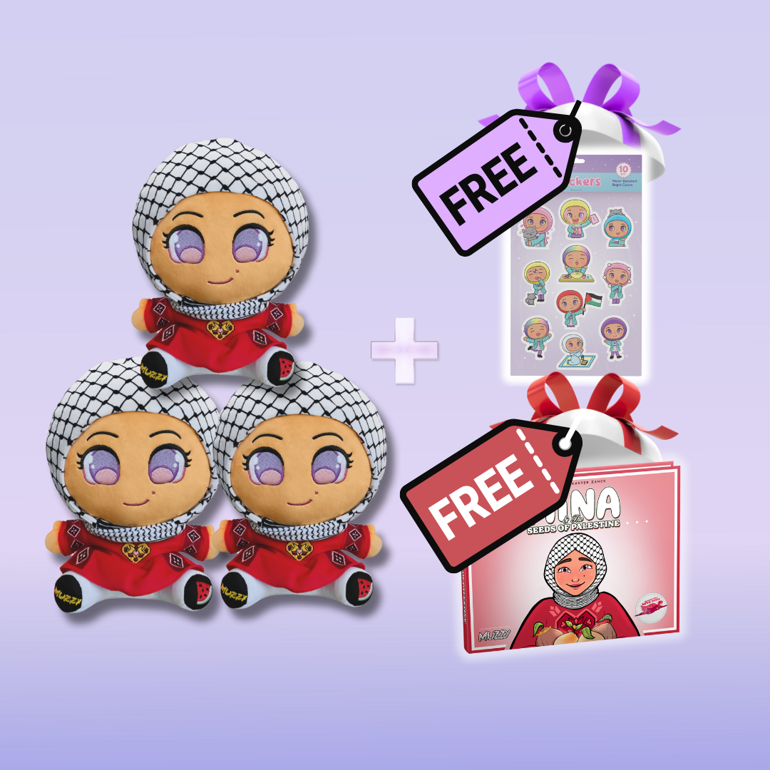 Three plush dolls, sticker sheet, and book with 'FREE' tags on a purple background.