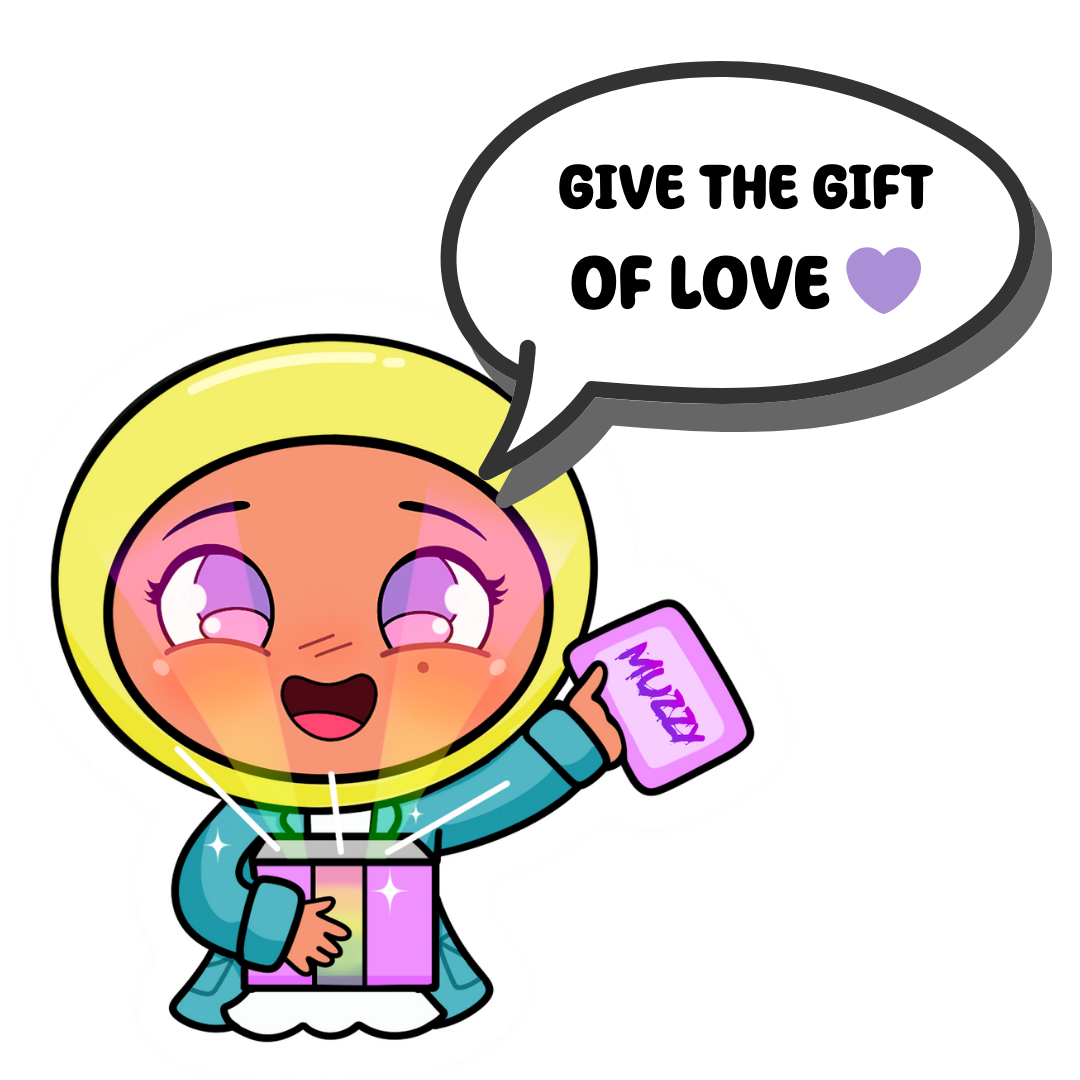 Cartoon character holding a gift, saying 'Give the gift of love' with a purple heart.