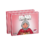 Illustration of a girl holding food on a pink box labeled 'Mina'.