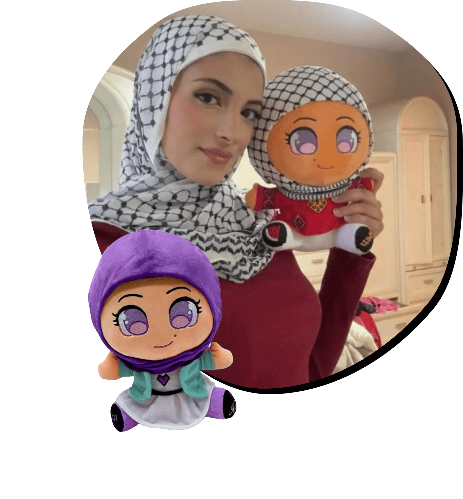 Person holding a plush toy, both wearing patterned headscarves.