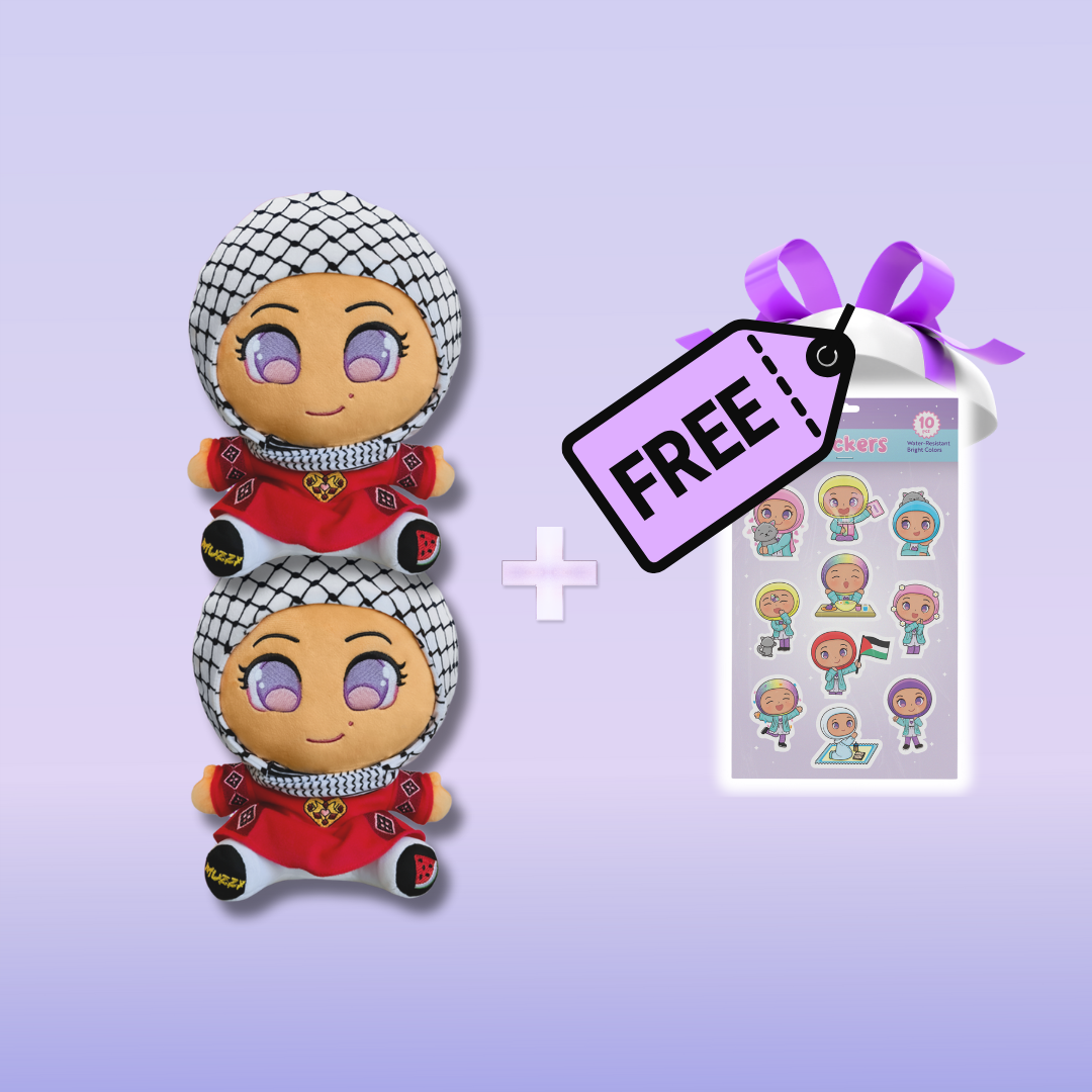 Two plush toys and a free sticker sheet with a gift tag.