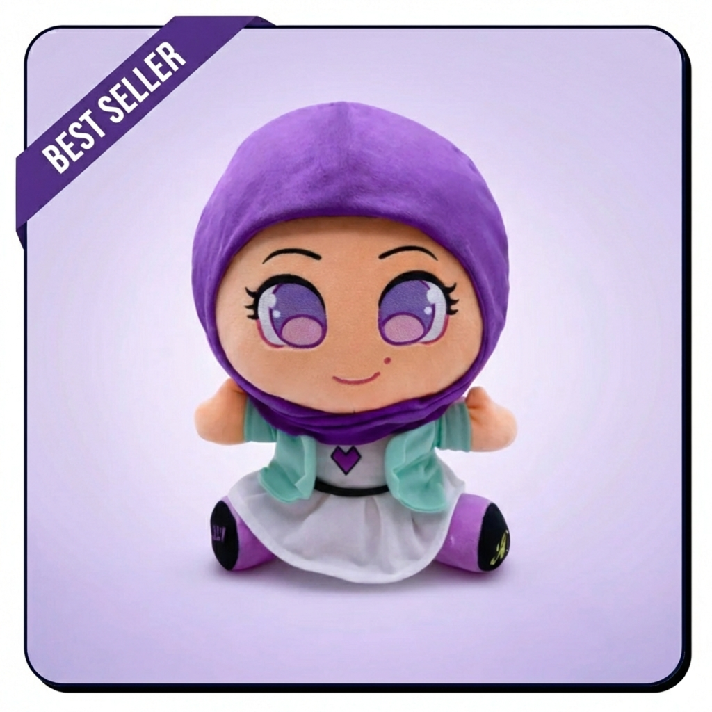 A plush doll of a girl with large purple eyes, wearing a purple hijab and a green jacket.