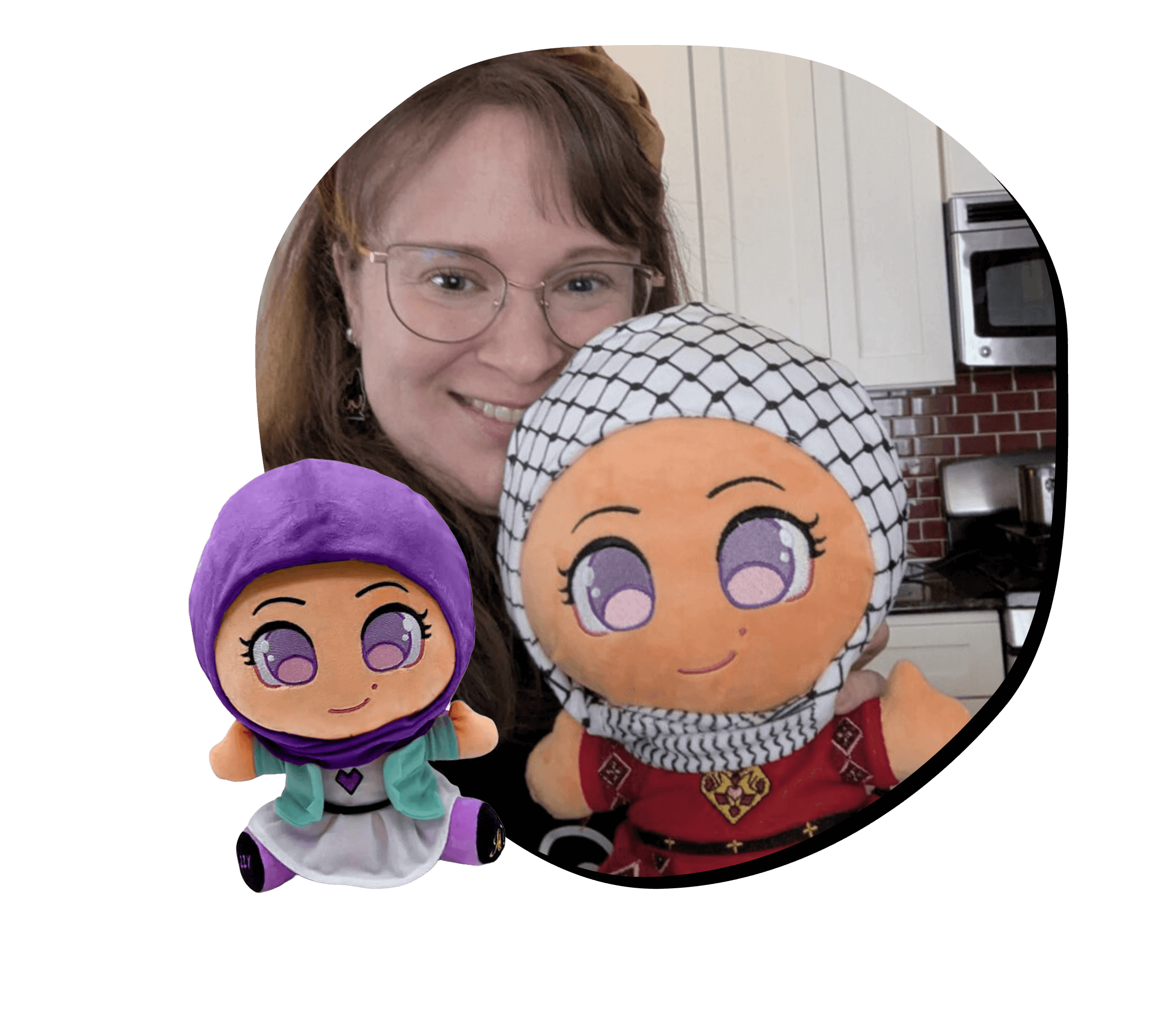 Person smiling with two cartoon-style plush dolls in a kitchen.
