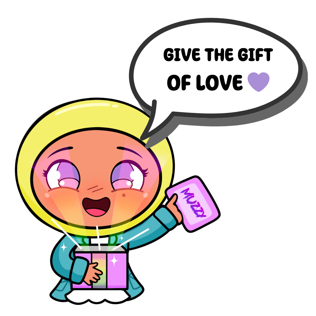 Cartoon character holding a pink gift with a speech bubble saying 'Give the gift of love'.