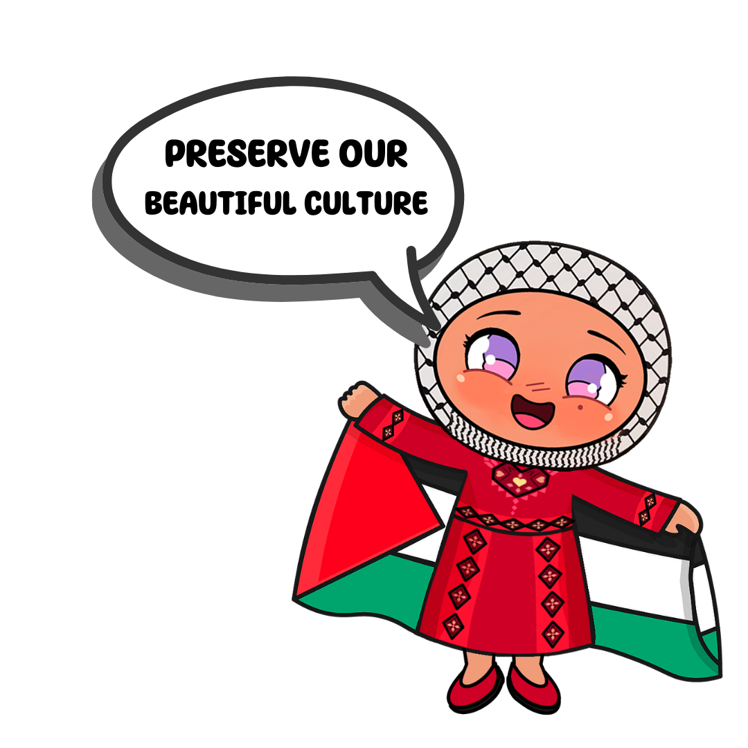 Cartoon character with headscarf, holding flag, says 'Preserve our beautiful culture.'