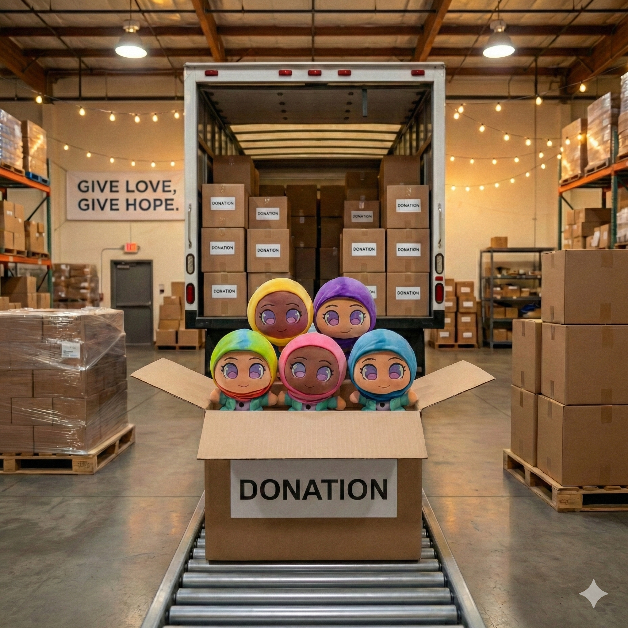 Five colorful plush dolls sit in a donation box on a conveyor belt inside a warehouse.