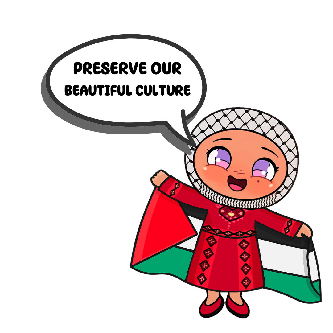 Cartoon character in traditional attire holding a flag with a speech bubble, 'Preserve our beautiful culture.'