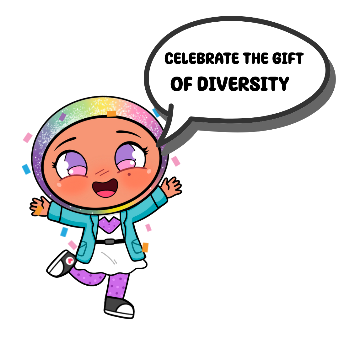 Cartoon child celebrating diversity with speech bubble and rainbow helmet.