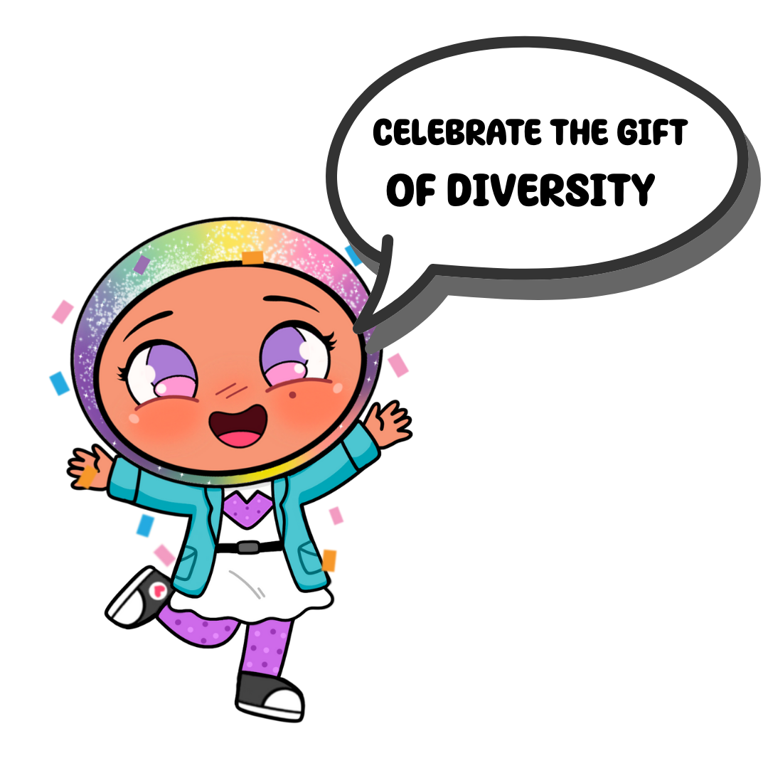 Cartoon child celebrating diversity with speech bubble and rainbow helmet.