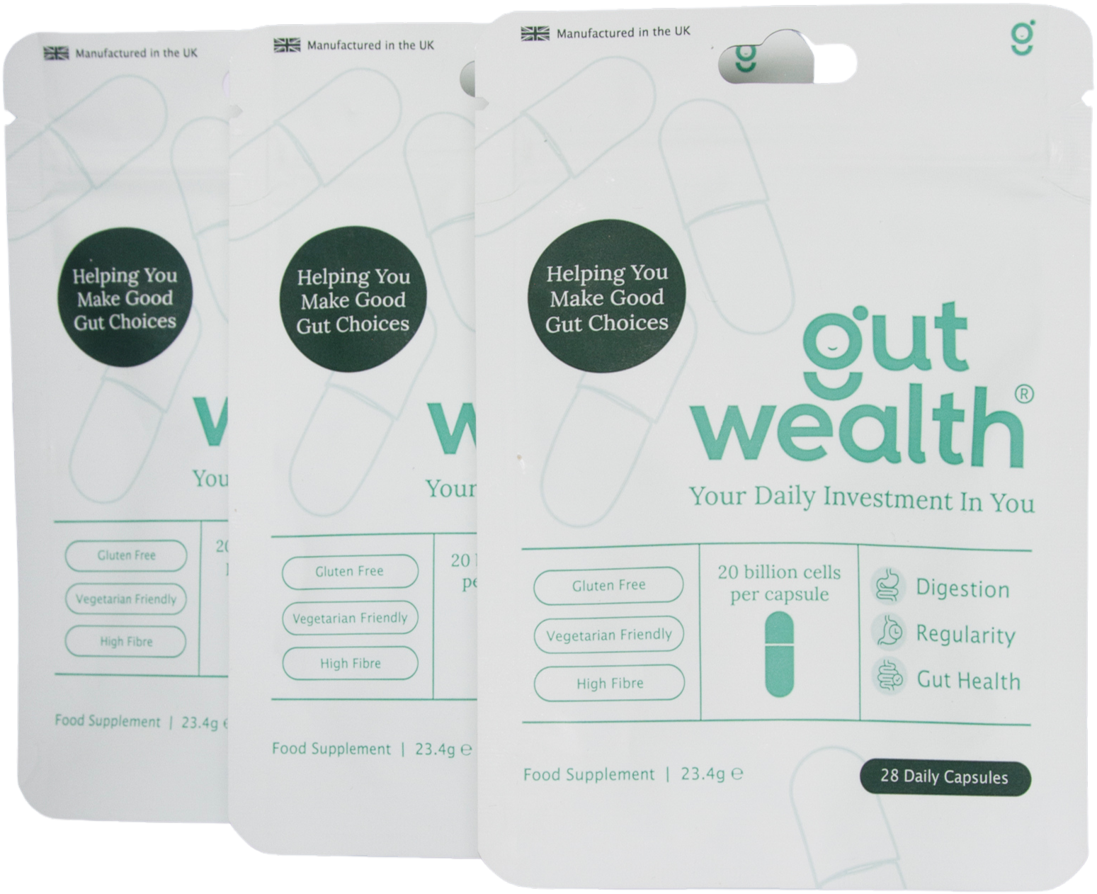 Three packets of Gut Wealth food supplements displayed side by side.