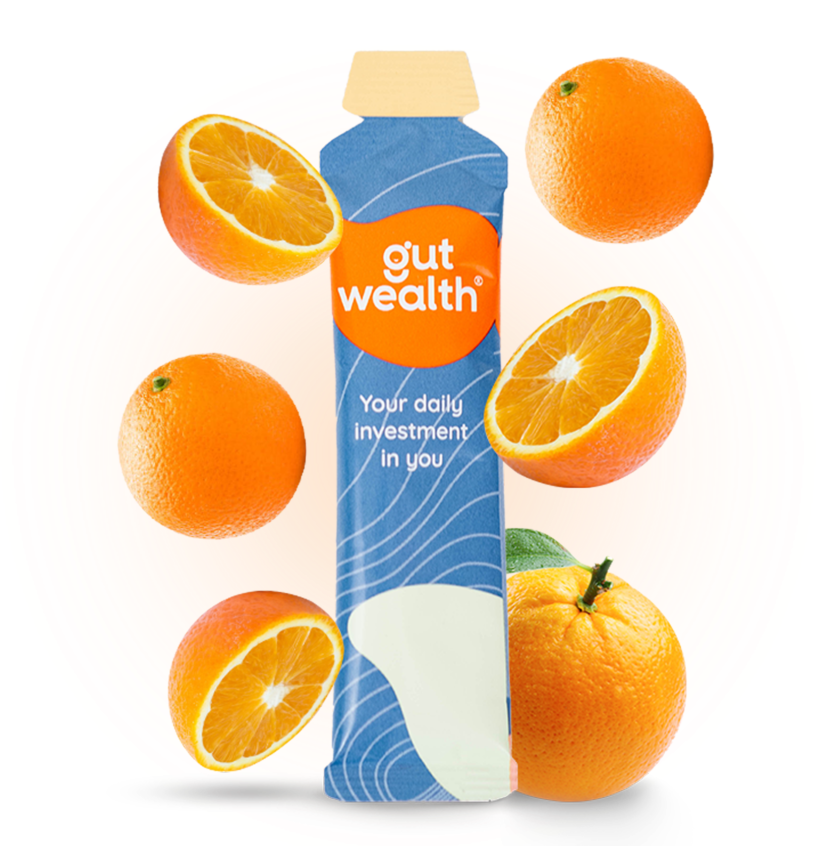 A blue and orange product package surrounded by whole and sliced oranges.