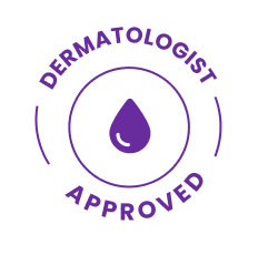 Purple 'Dermatologist Approved' seal with a droplet icon.