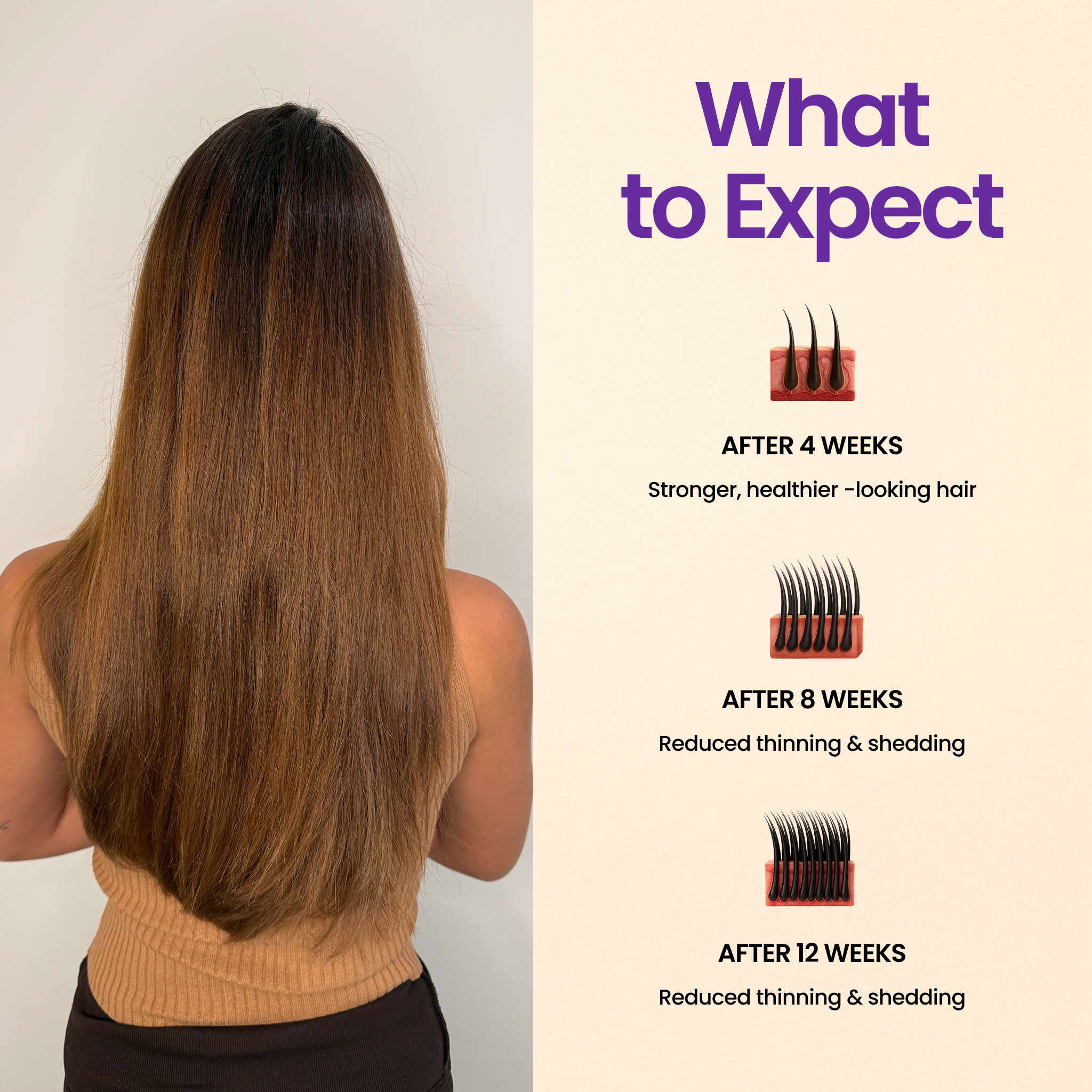 Woman with long hair, text about hair improvement over weeks.