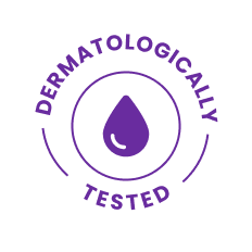 Purple dermatologically tested logo with a droplet icon.