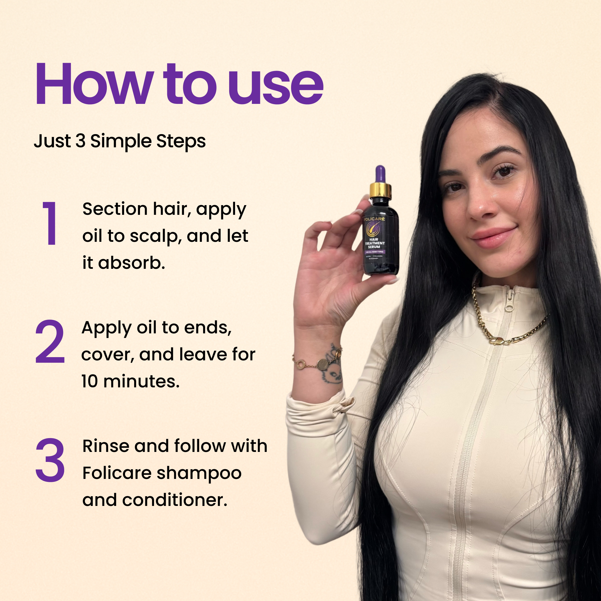 Woman holding hair oil bottle with usage instructions beside her.