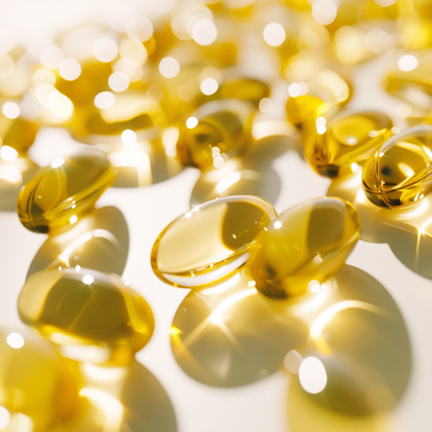 Close-up of scattered yellow gel capsules on a white surface.