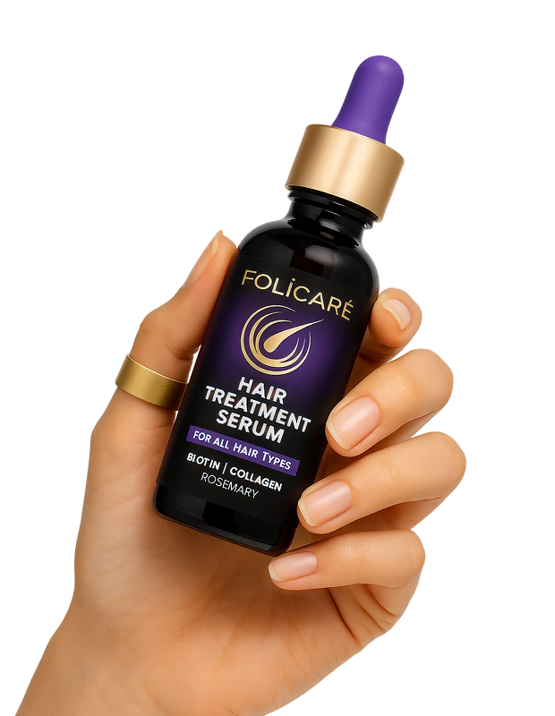 Hand holding a bottle of hair treatment serum with a dropper.