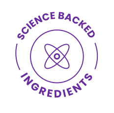 Purple atom icon with 'Science Backed Ingredients' text in a circle.