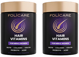 Two bottles of Folicare hair vitamins for men and women.