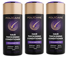 Three bottles of Folicare Hair Thickening Conditioner.