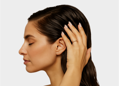 Profile of a woman with closed eyes, hand in hair.