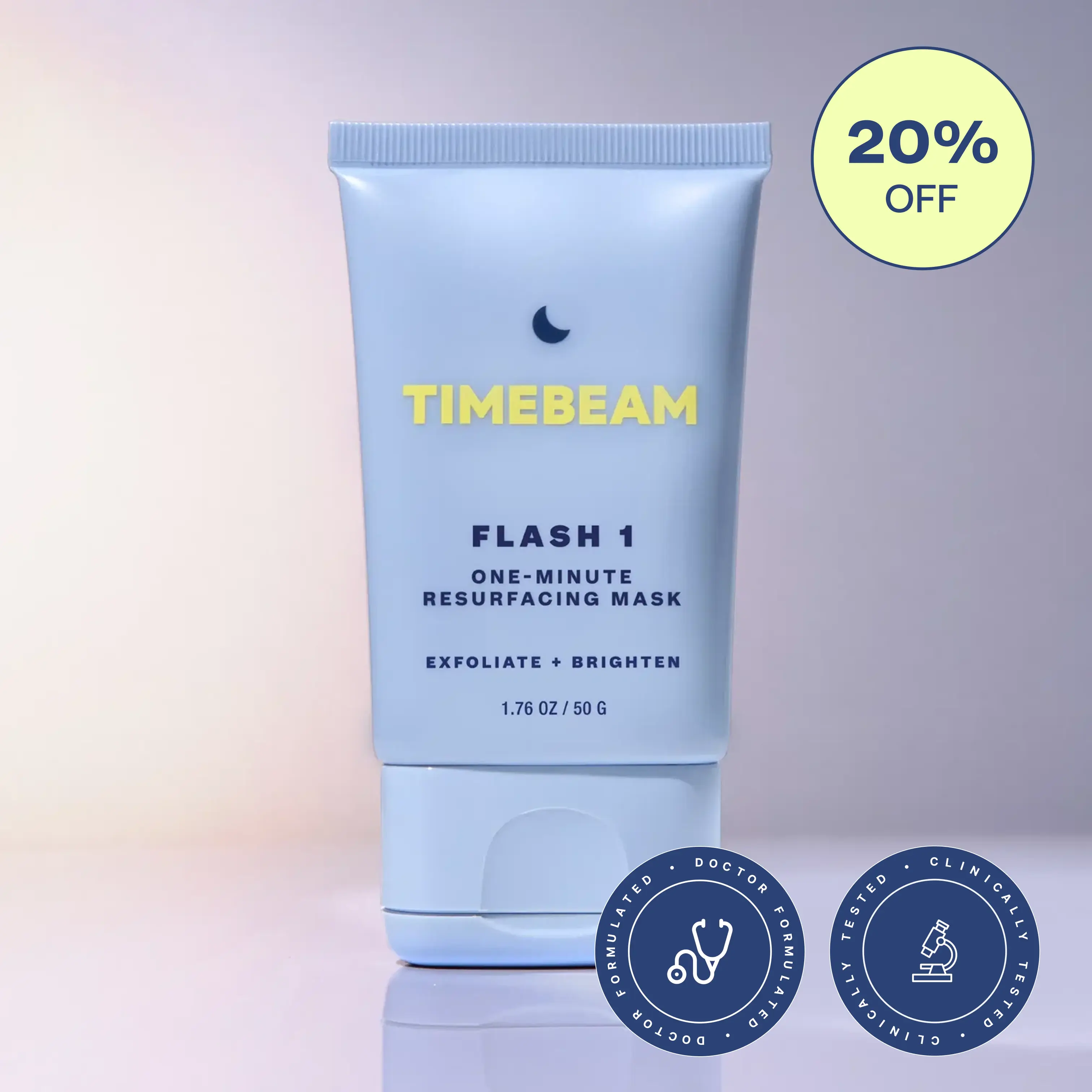 A light blue tube of Timebeam Flash 1 resurfacing mask with promotional badges on a gradient background.