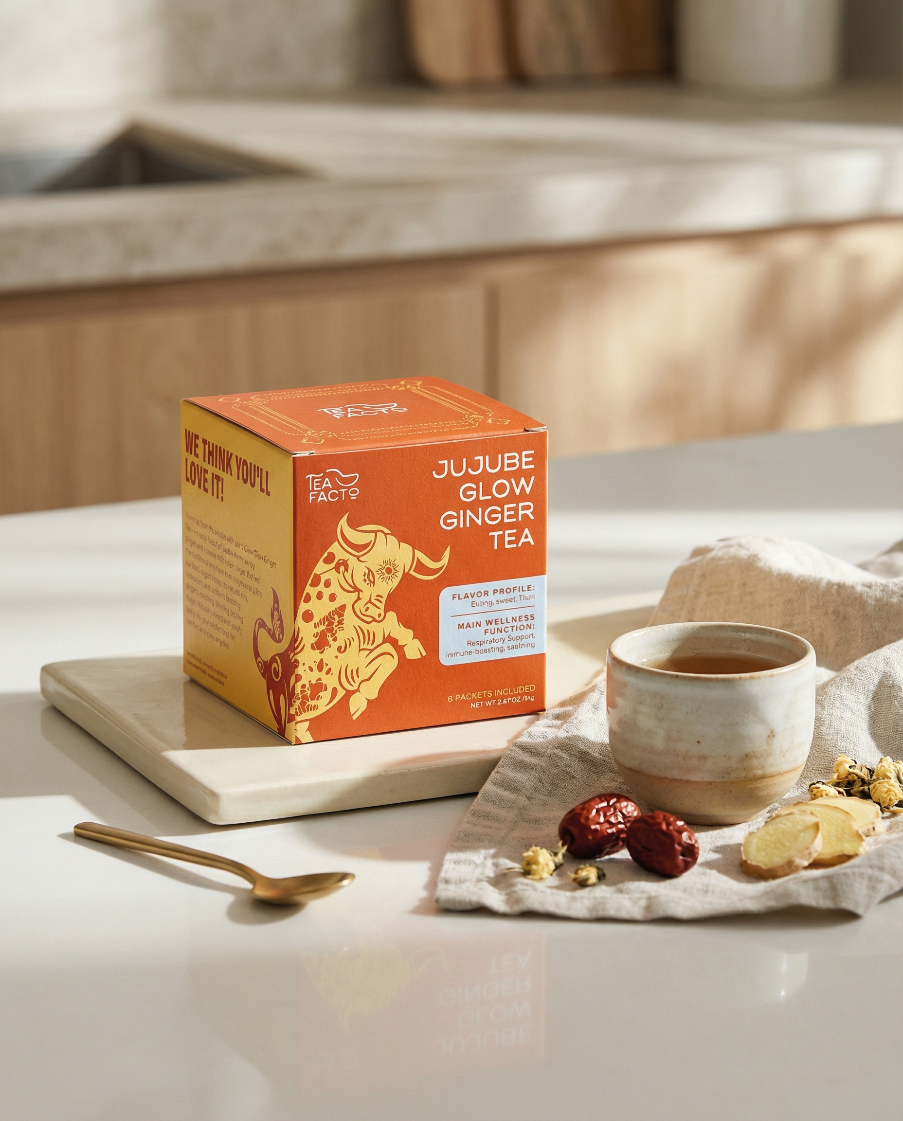 A box of Jujube Glow Ginger Tea next to a cup of tea and fresh ginger on a countertop.