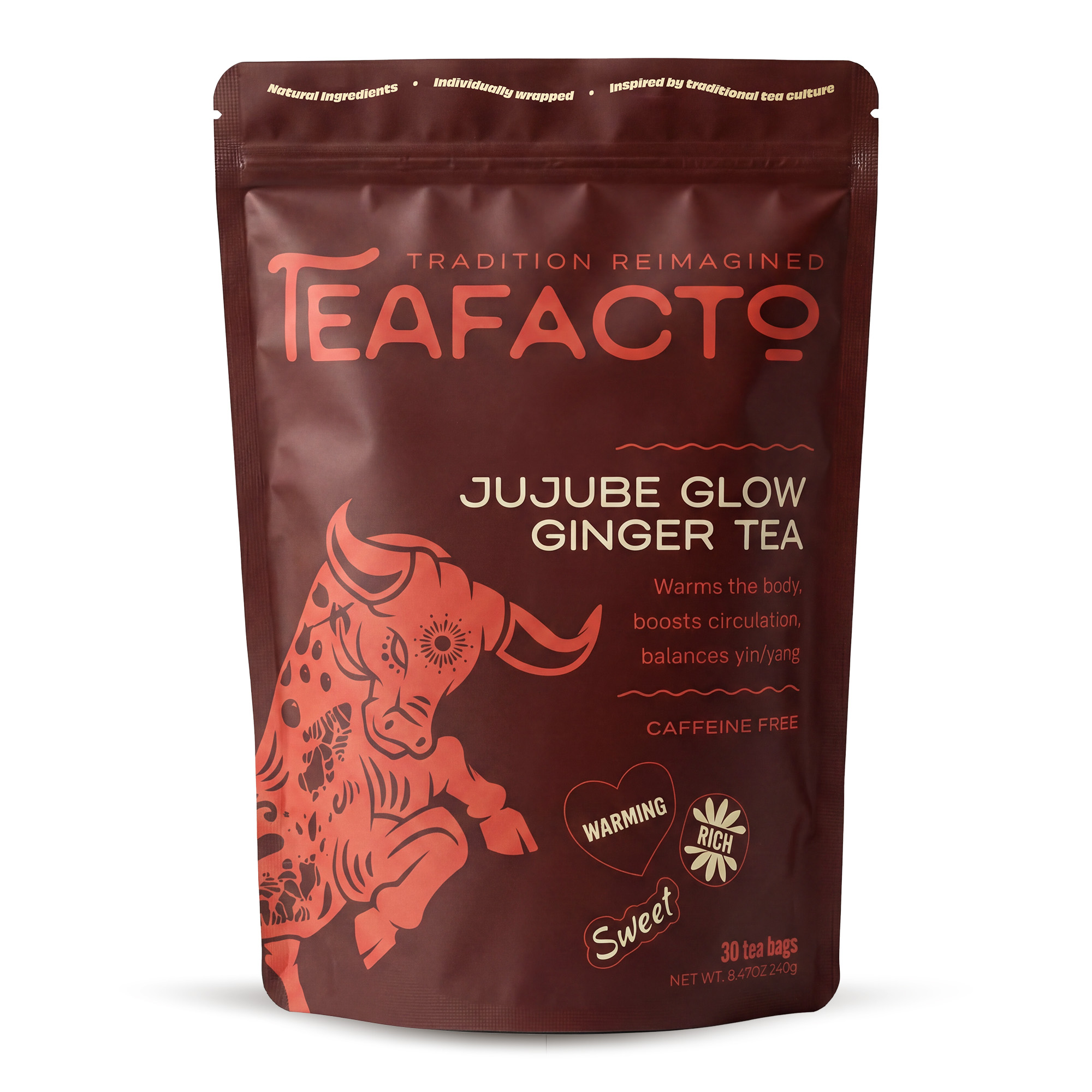 A brown pouch of Teafacto Jujube Glow Ginger Tea with an orange illustration of an ox.