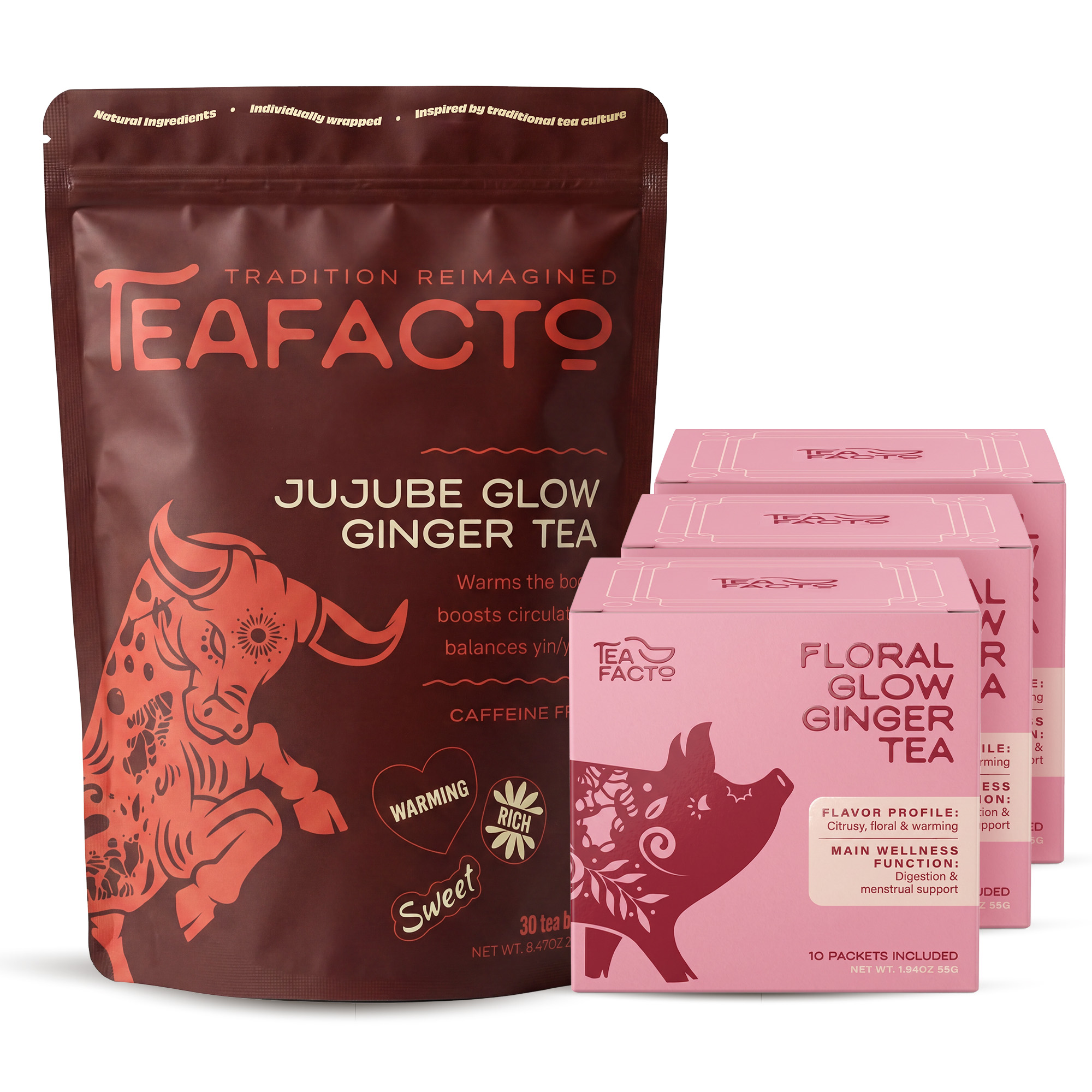 A large brown pouch and three smaller pink boxes of Teafacto ginger tea on a white background.