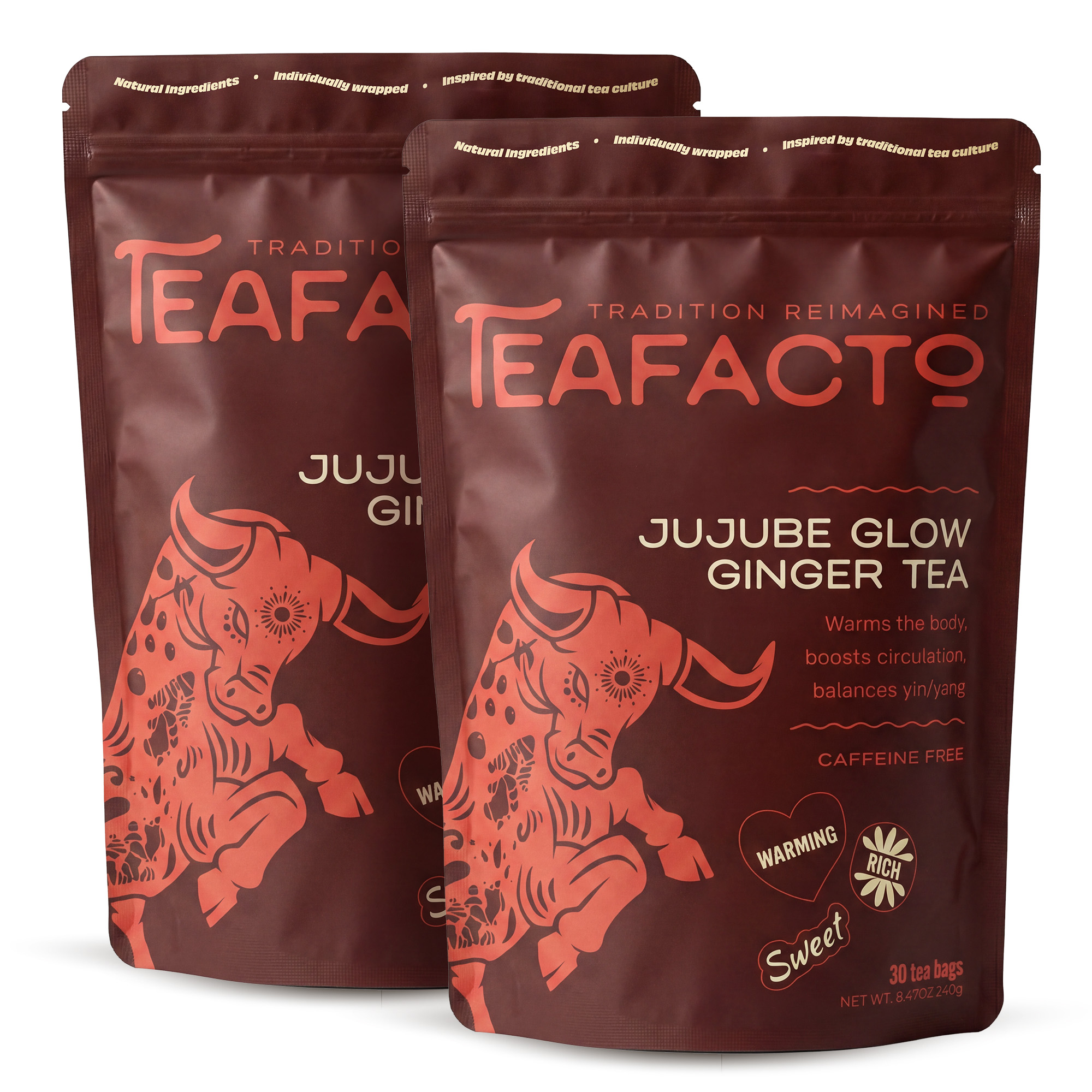 Two brown pouches of Teafacto Jujube Glow Ginger Tea against a white background.