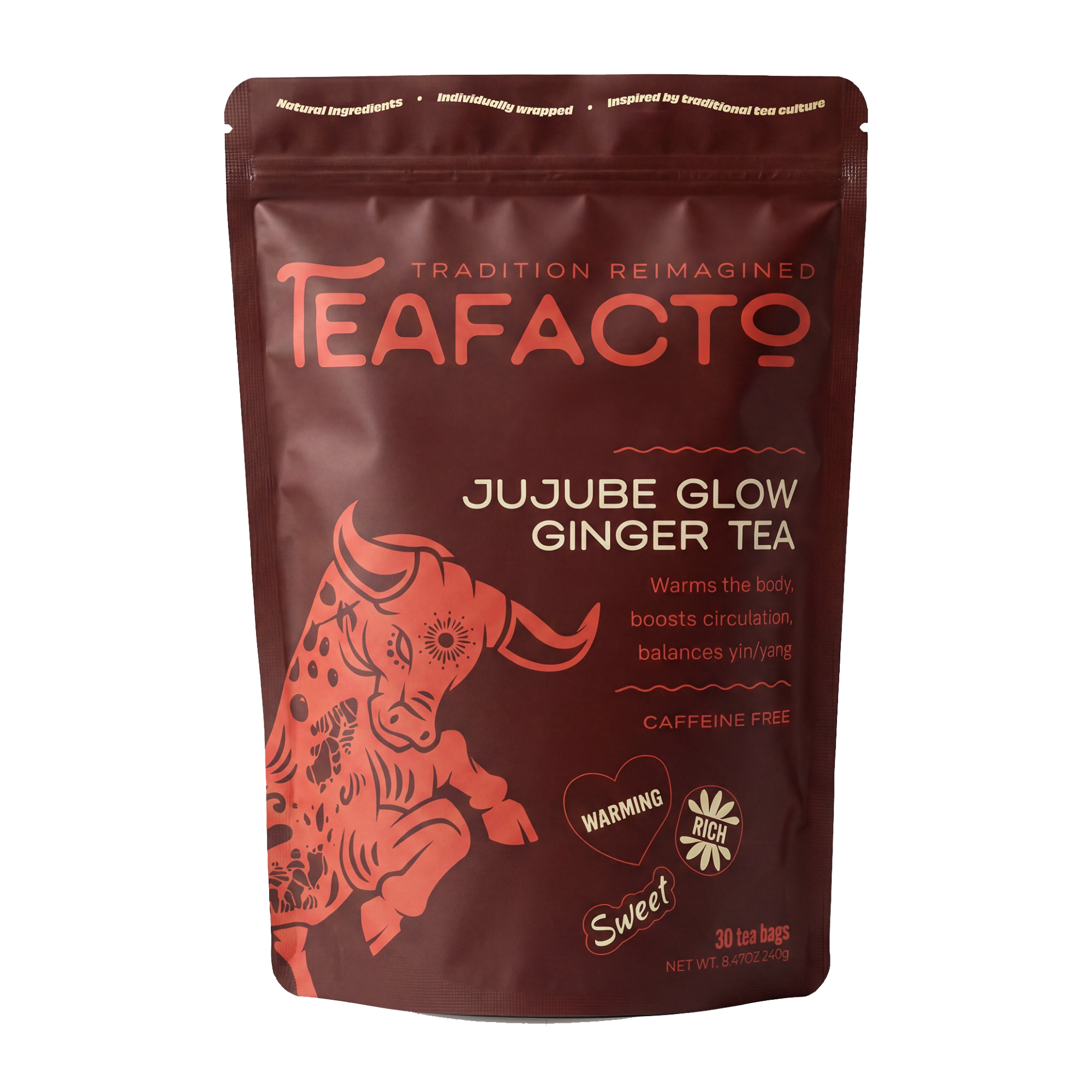 A brown pouch of Teafacto Jujube Glow Ginger Tea with a red bull illustration on a white background.