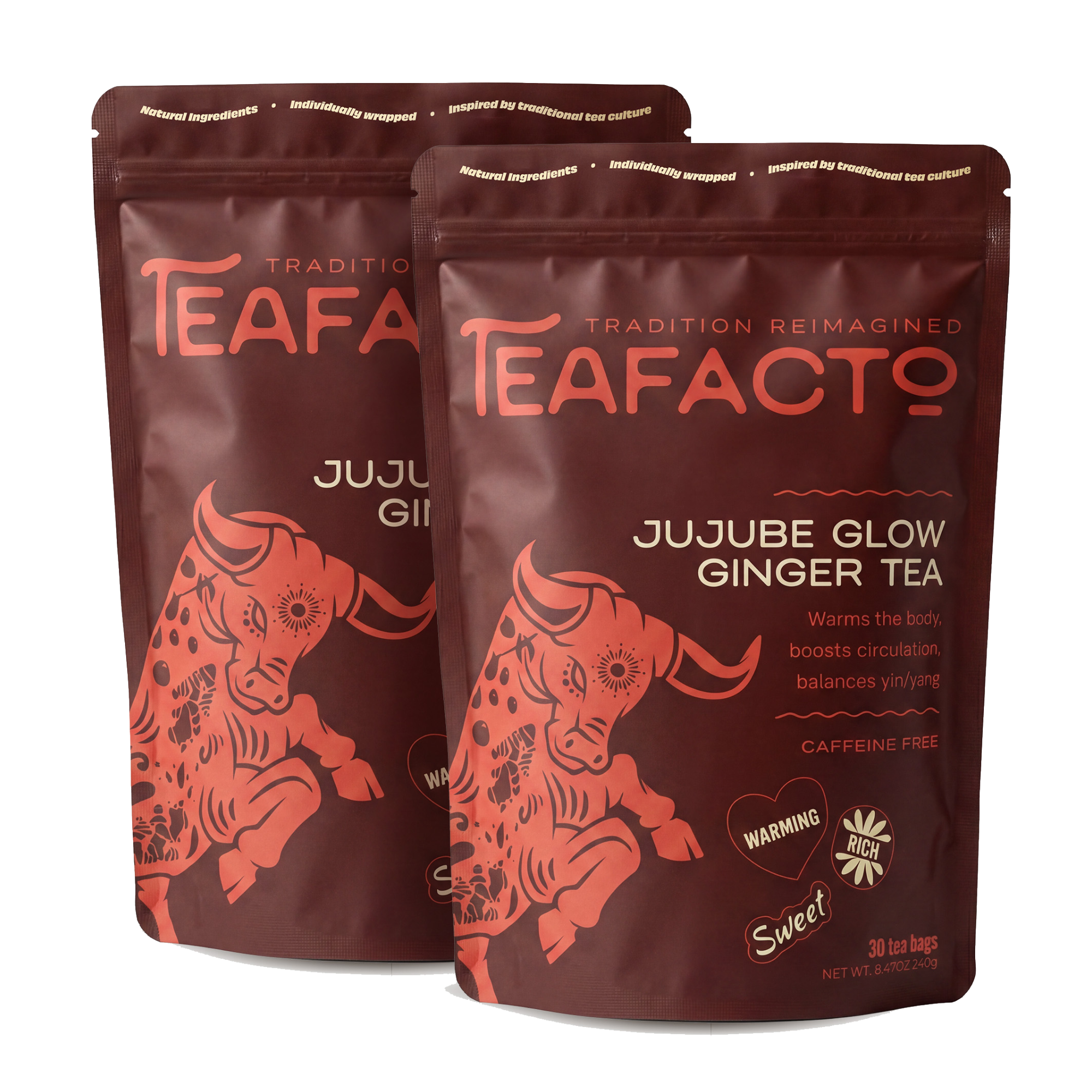 Two brown pouches of Teafacto Jujube Glow Ginger Tea against a white background.