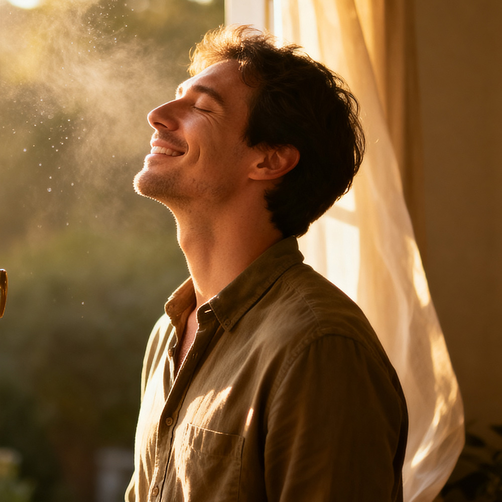 A smiling man with his eyes closed enjoys a fine mist sprayed on his face in the sunlight.